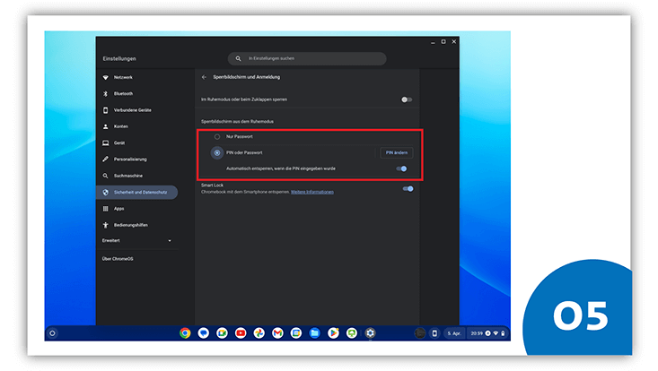 slides-chromeos-733x414-vorbereitung-6 Slide 5: Geöffnetes Menü „Sicherheit und Datenschutz“ der Menüpunkt „PIN oder Passwort“ ist rot umkreist