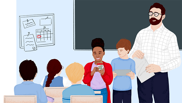 Illustration eines Klassenzimmers: Ein Lehrer während des Unterrichts mit Schülerinnen und Schülern