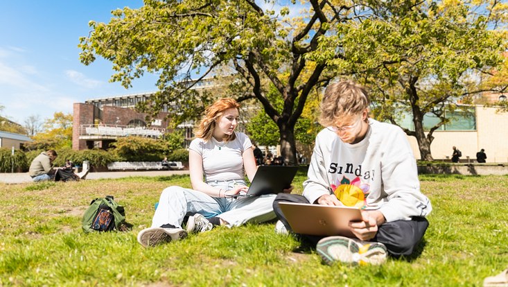 2 Studierende sitzen mit einem Laptop auf einer Wiese am Campus