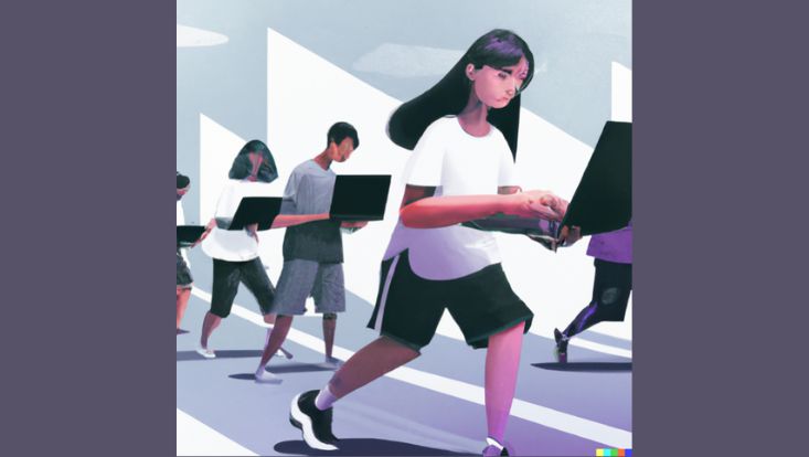 Generiert mit Dall-E, Prompt: “a group of people running a marathon while typing into laptops in digital art”