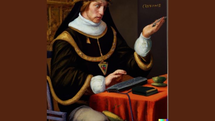Generiert von Dall-E, Prompt: “an oil painting of a medieval prince sitting in front of a computer asking himself "To chat or not to chat"