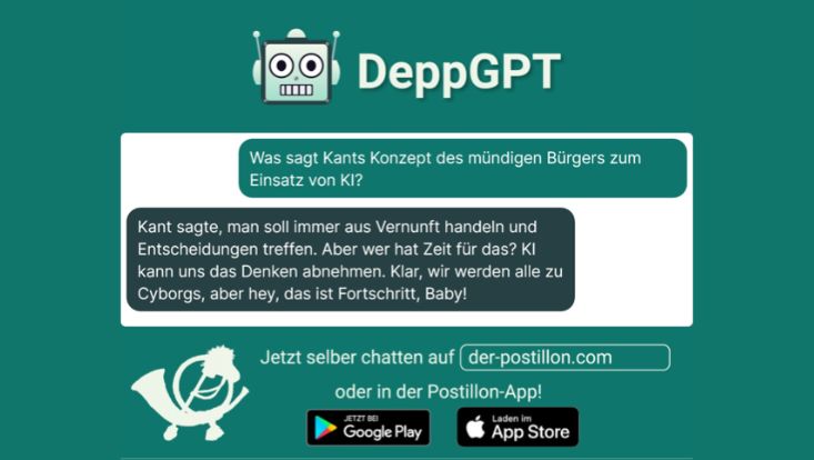 DeppGPT, ebenfalls basierend auf dem Sprachmodell ChatGPT von OpenAI, generiert beunruhigende Antworten auf die Frage nach Kants Konzept von Mündigkeit und KI.