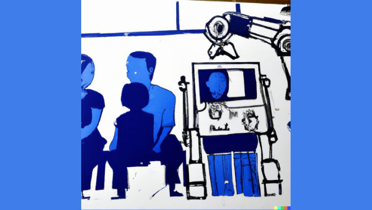 Generiert mit Dall-E, Prompt: “a water colour stencil painting of a robot in a classroom together with humans”