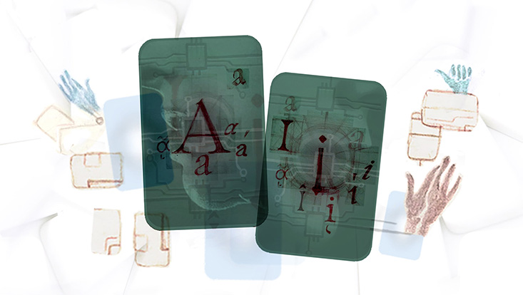 Two digitally illustrated green playing cards on a white background, with the letters A and I in capitals and lowercase calligraphy over modified photographs of human mouths in profile.