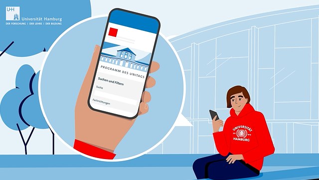 Grafische Abbildung einer sitzenden Person, die ein Handy in der Hand hält. Links ist die Nahaufnahme des Handys in einem Kreis abgebildet.