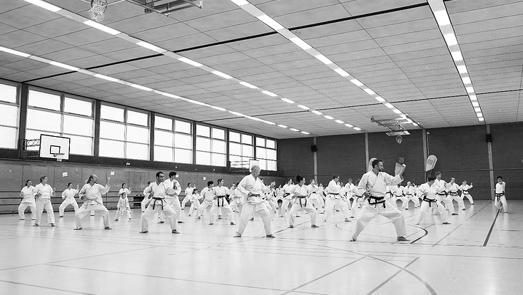 EIne Gruppe Taekwon-Do-Schüler in der großen Unihalle