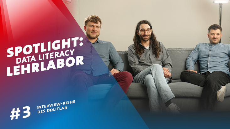 Drittes Interview aus der Reihe "Spotlight: Data Literacy Lehrlabor". Zu sehen sind Marten Borchers, Anton Sefkow und Lukas Musumeci, die hier ein Interview gegeben haben.
