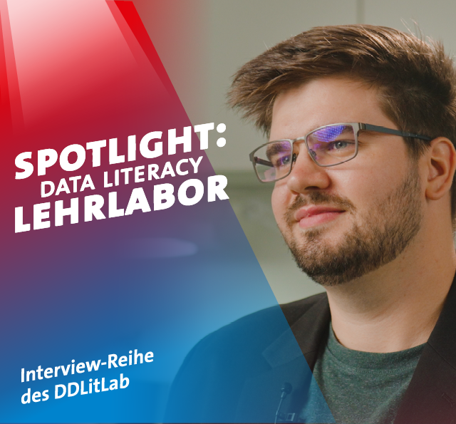 Bild mit Verweis auf die Interviewreihe "Spotlight: Data Literacy Lehrlabor". Zu sehen ist Moritz Kreinsen, der hier ein Interview gegeben hat.