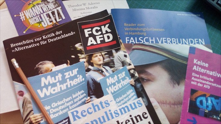 Verschiedene Broschüren zum Thema Kritik an der AfD