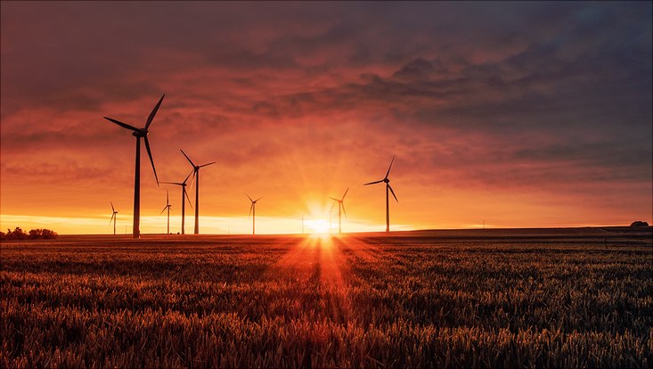 Sonnenuntergang hinter Windrädern auf einem Feld