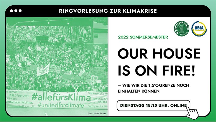 Auf der linken Bildseite sieht man eine große Gruppe Menschen auf einer Demonstration mit einem Plakat auf dem Alle fürs Klima steht. Auf der rechten Seite steht Our house is on fire-wie wir die 1,5 Grad Grenze noch einhalten können.