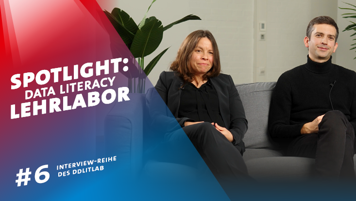 Sechstes Interview aus der Reihe "Spotlight: Data Literacy Lehrlabor". Zu sehen sind Dr. Michaela Regnieri und Lucas Memmert, die hier ein Interview gegeben haben.