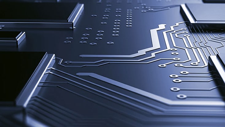 The image shows a close-up of a computer circuit board. It is taken from diagonally above and is only sharp in the centre of the image. The upper and lower areas of the image are blurred.