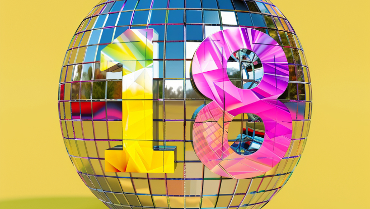 Die Zahl 18 auf einer Disco-Kugel vor gelbem Hintergrund.