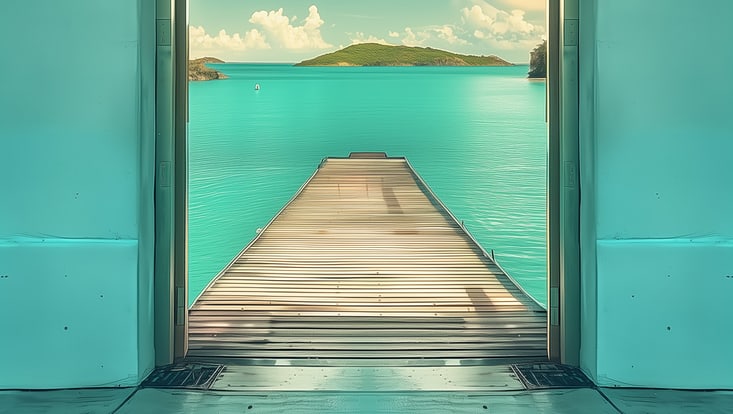 Tür, die auf ein Pier führt, im Hintergrund sommerliches Meer
