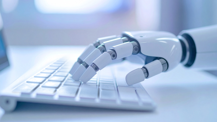 Das KI-generierte Bild zeigt in Nahaufnahme die Hand eines Roboters, der auf einer Computertastatur etwas eintippt. Das Bild ist fotorealistisch und in hellen Weißtönen gehalten.