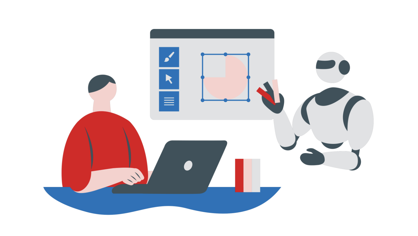 Studierende und Roboter neben einem Laptop