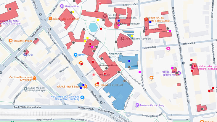 Ein Ausschnitt einer Campus-Karte, mit der Uni Hamburg im Zentrum.
