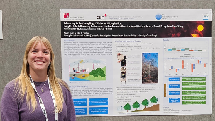 Doctoral Researcher in front of research poster at AGU