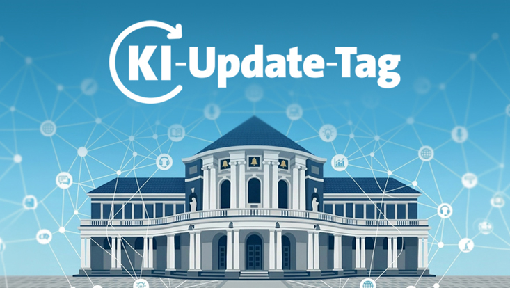 ki-update-tag-illustration-esa-733x414px KI-generierte Illustration des Hauptgebäudes der Universität Hamburg mit dem Schriftzug "KI-Update-Tag" darüber im Flat-Design-Stil