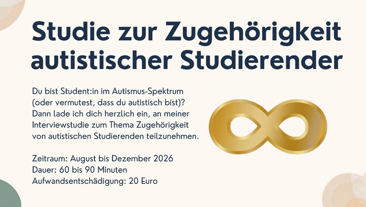 Ausschnitt des Flyers zum Projekt, der den Titel der Studie sowie das goldene Unendlichkeitszeichen als Symbol für Autismus zeigt.