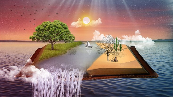 Während links im Bild ein grüner Baum steht ist auf der rechten Seite eine Wüstenlandschaft zu sehen. Getrennt werden die beiden Bereiche durch einen Fluß.