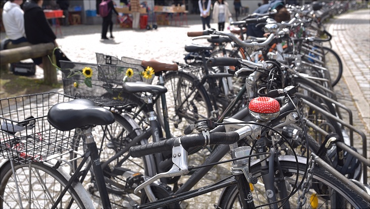 viele Fahrräder in einem Fahrradständer vor einem Universitätsgebäude