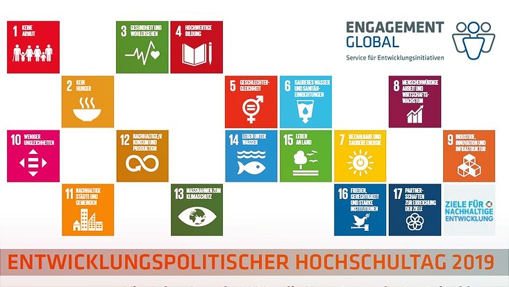 Die 17 UN-Ziele für eine Nachhaltige Entwicklung sind als Würfel abgebildet.