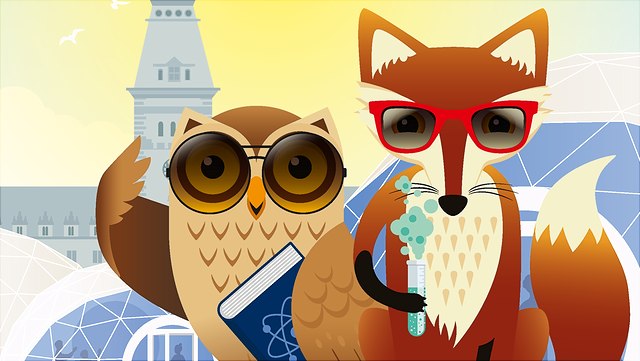 Plakatmotiv von der Veranstaltung „Sommer des Wissen“: Illustration einer Eule und eines Fuchses