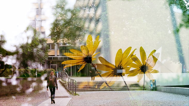 Campus der Uni Hamburg mit Studentin in Rückenansicht und zwei stilisierten Blumenblüten