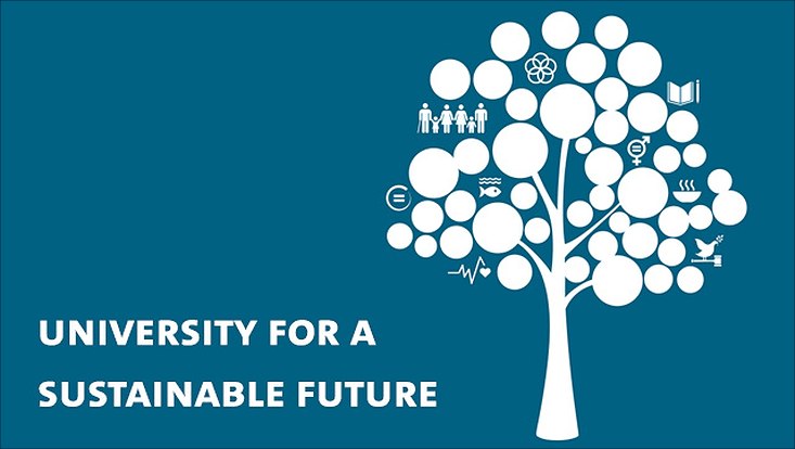 Illustration weißer Baum mit Nachhaltigkeitssymbolen vor blauem Hintergrund inklusive Schriftzug "university for a sustainable future"