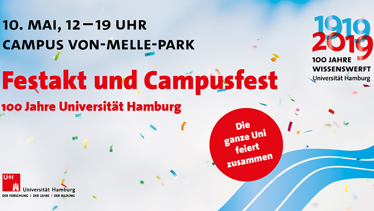 die Grafik zeigt die Jubiläumswelle und das Jubiläumslogo mit dem Hinweis, dass das Campusfest am 10. Mai von 12 bis 19 Uhr stattfindet