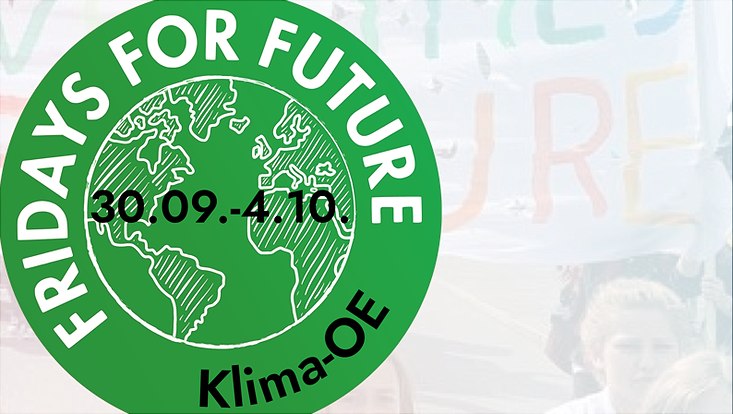 Das Logo der Fridays for Future Bewegung mit dem Zeitraum der Klima Einführungswoche in der Mitte