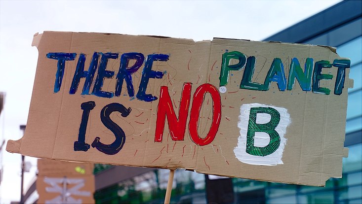 Ein Plakat mit der Aufschrift "There is no Planet B" wird hochgehalten.
