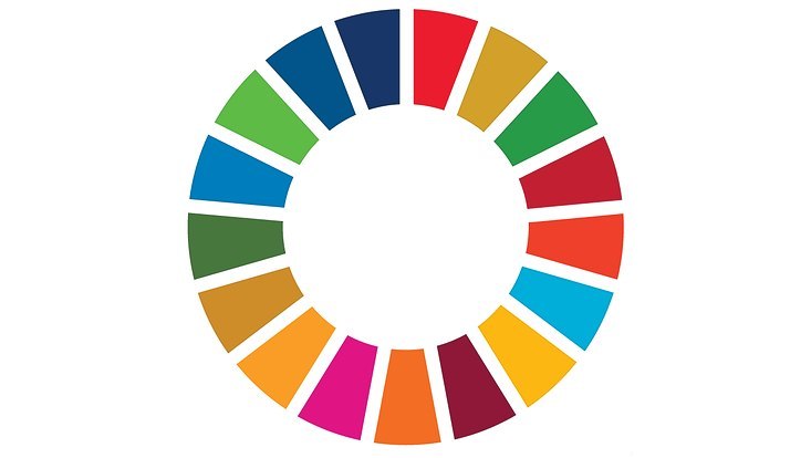 SDG Wheel. 17 bunte Farbtrapeze sind in einem Kreis angeordnet.