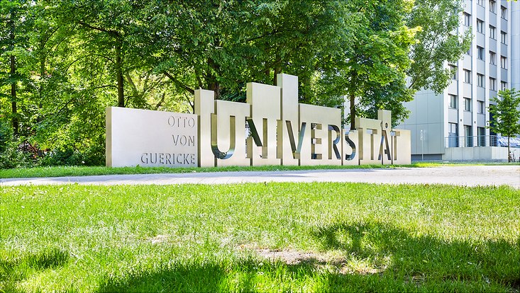 Schriftzug der Universität Magdeburg auf einer Wiese